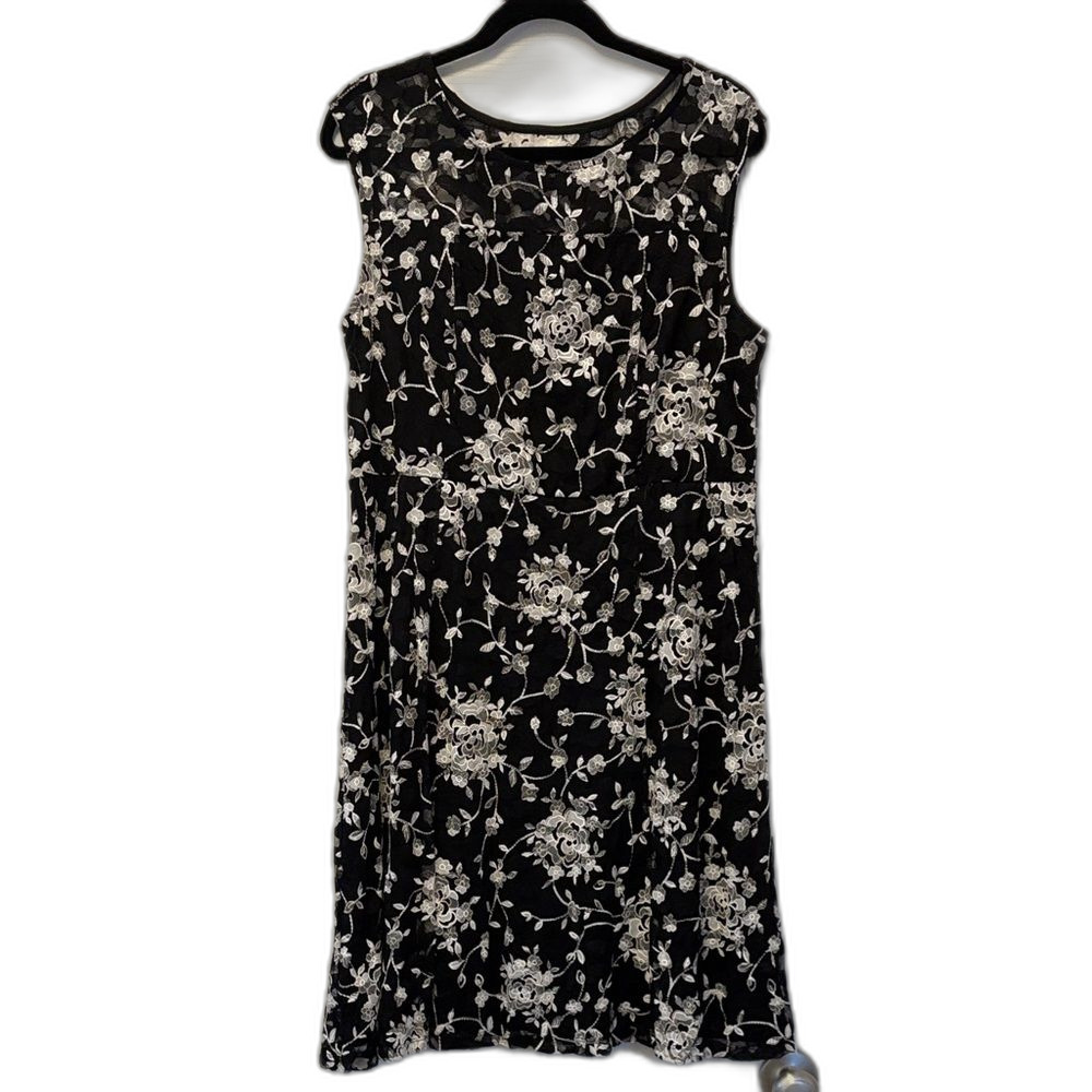 Candalite Black White Floral Mesh Fit & Flare Midi Dress Women's XL Sleeveless